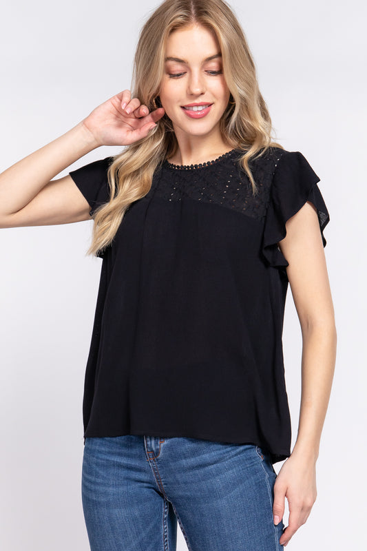 BASIC Ruffle Short Sleeve Crochet Blouse