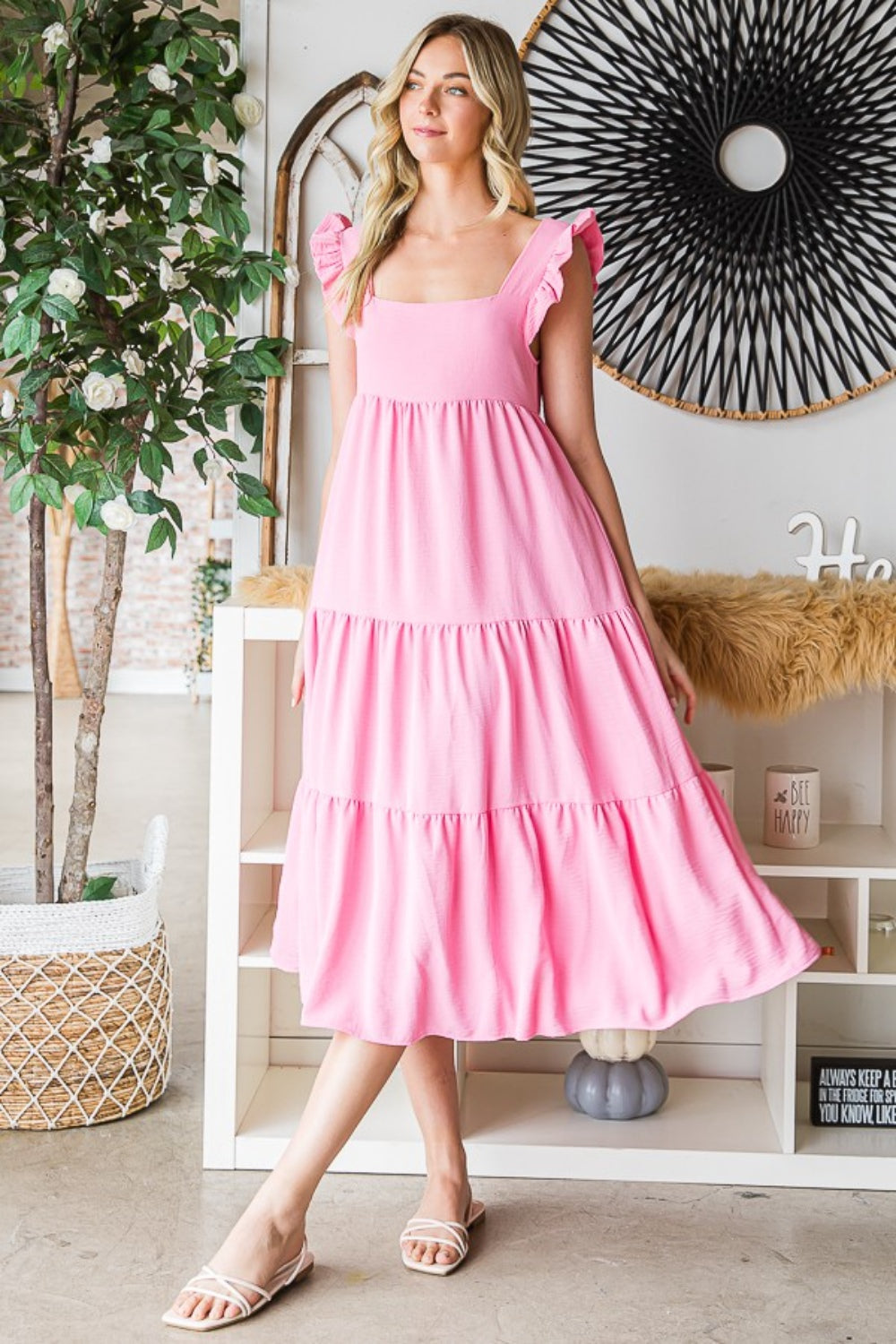 Reborn J Ruffled Sleeveless Tiered Midi Dress